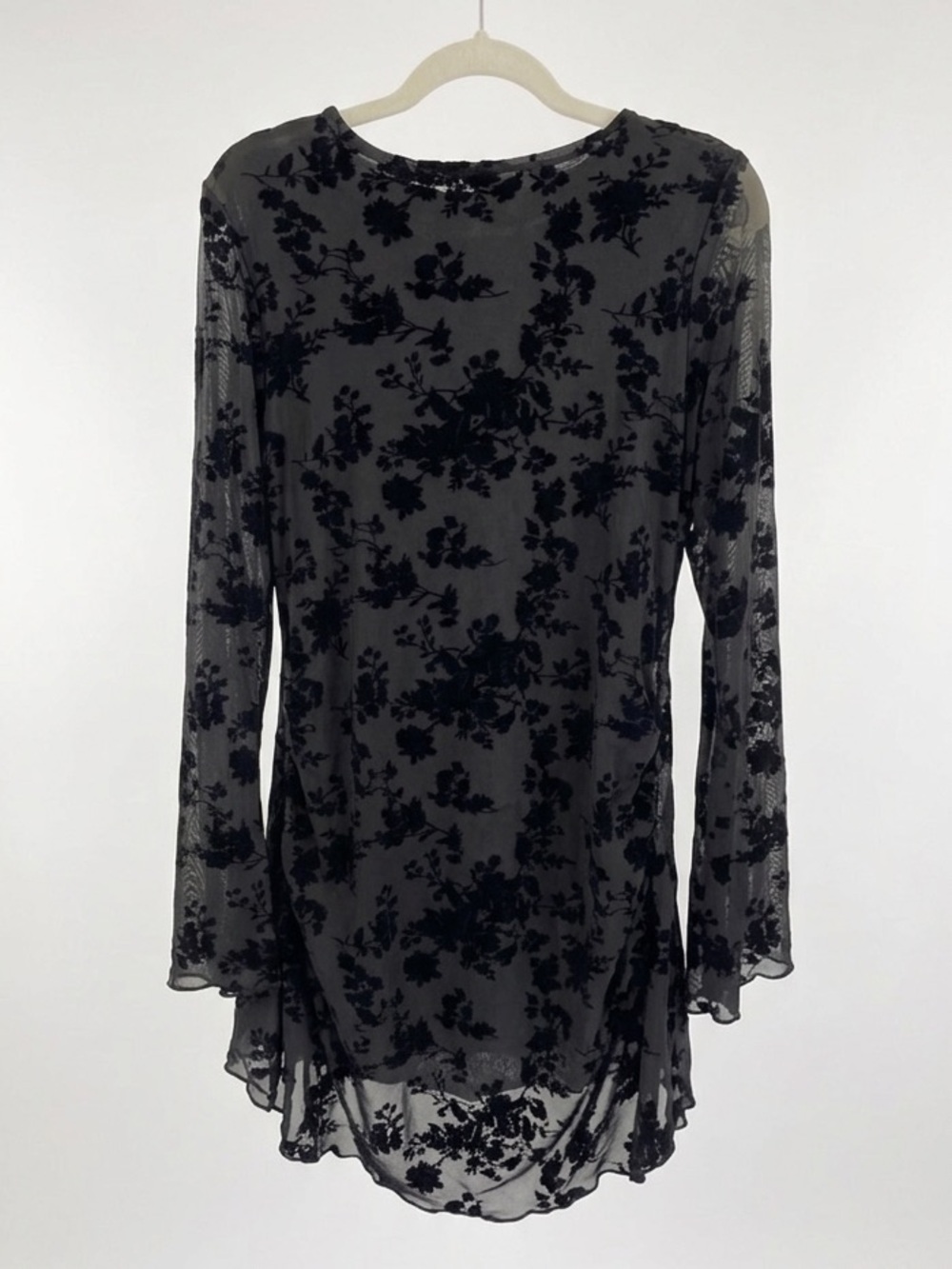 Velvet Floral Black Sheer Mesh Ruche Mini Dress w/ Lining - SIZE XL